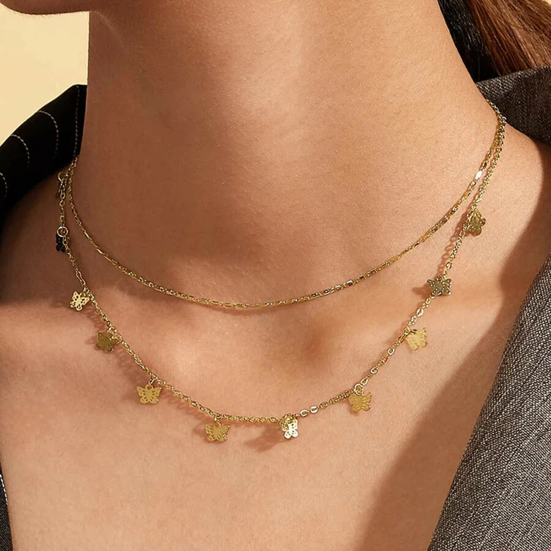 

Trendy Neck Jewelry Female New Style Adorn Article Originality Simple Wind Butterfly Necklace Delicate Double Layer Choker Chain