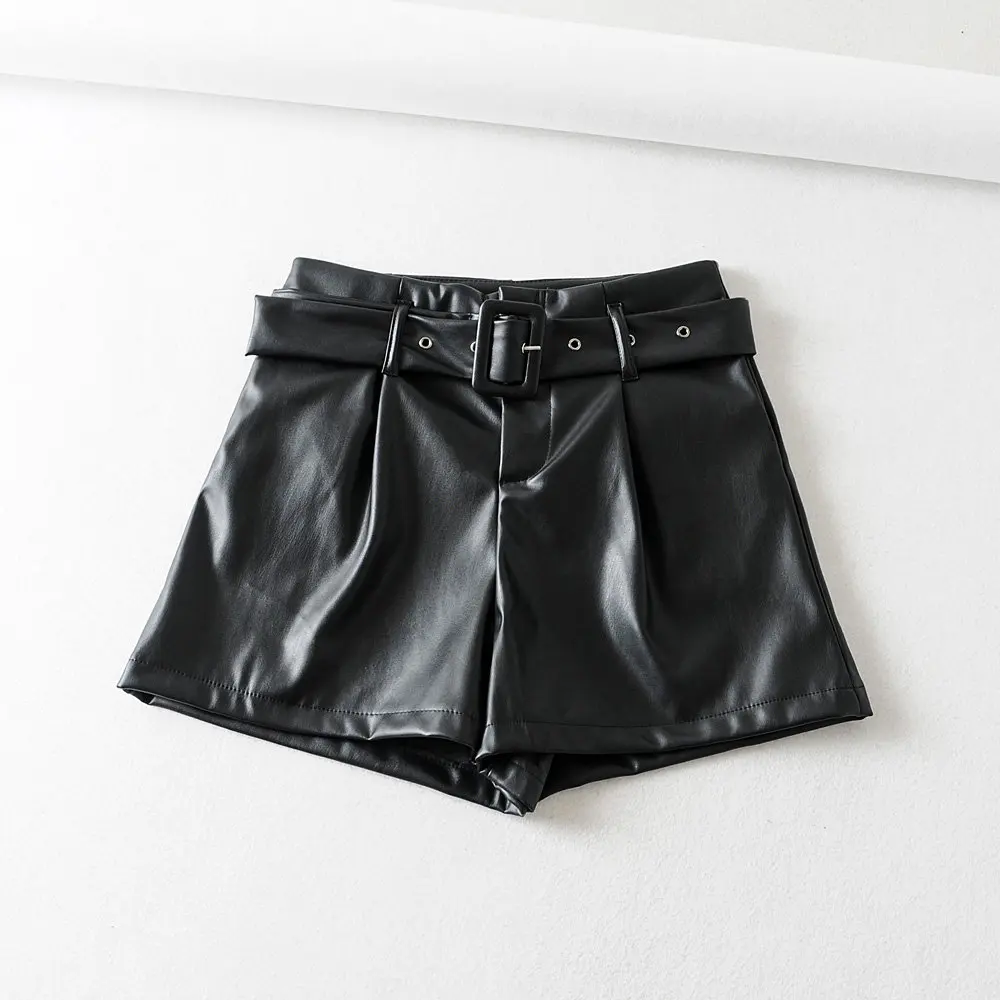 Женские кожаные шорты с высокой талией повседневные черные из искусственной