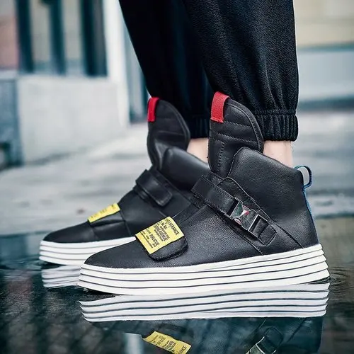 Модная повседневная мужская обувь в стиле хип-хоп; высокие кроссовки; Новинка года; сезон весна; мужские ботинки с массивным каблуком и пряжкой; теннисные туфли; Zapatillas - Цвет: Черный