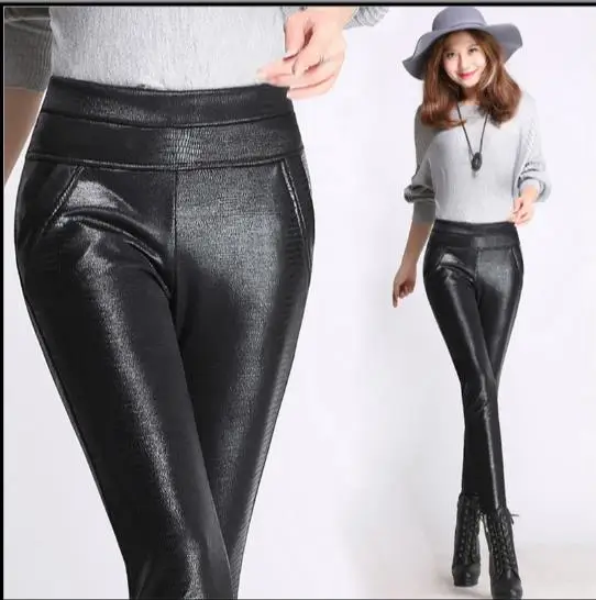 2020 зимние теплые женские брюки и капри из искусственной кожи с высокой талией