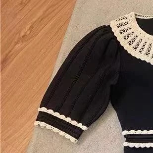 2021 Early Autumn New Doll Collar Hollow Knit Short-sleeved Black Dress Women Mini Dress