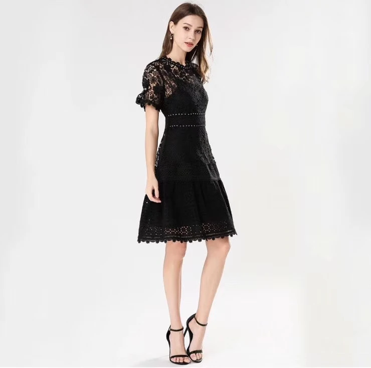 

High Quality 2020 Spring Summer Women O-Neck Crystal Beading Deco Short Sleeve Crochet Lace White Black Dress Vestido
