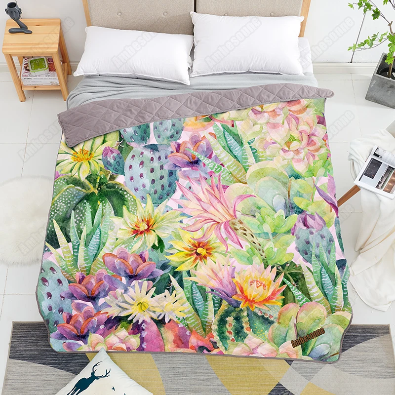 

Print on Demand Summer Quilt Watercolor Blooming Cactus Queen size Coverlet Thin Quilts Custom Bedspread on The Bed Dorm Covers