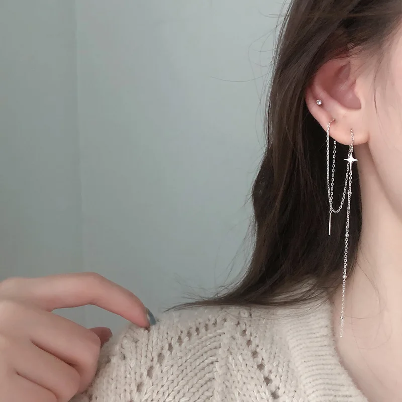 

Simple Moon Star Rhinestone Long Chain Earrings For Women Shine Sun Crescent Geometric Tassel Piercing Earring Party Jewelry