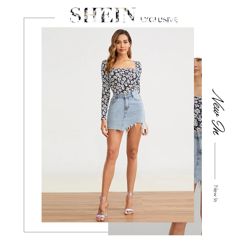 SHEIN, квадратная горловина, Маргаритка, цветочный принт, облегающая футболка, женские топы, осенняя элегантная Офисная Женская футболка с длинными рукавами