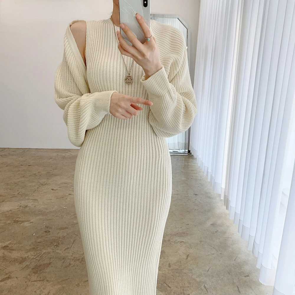 

Winter Women Knitted DressSets Korean Cardigan Vest + Knitted Sleeveless Long Dress Suit Sets Sweater SetAutumn