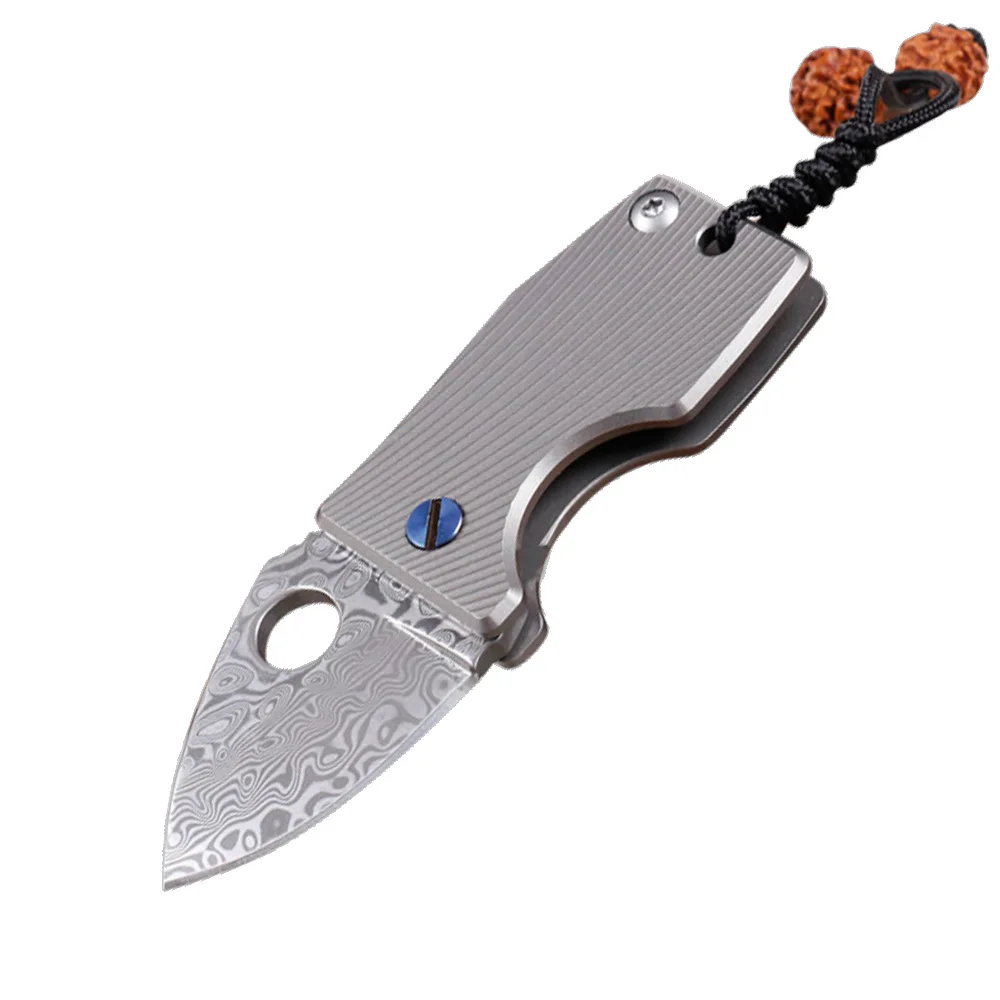 

VG10 Damascus Folding Knife CNC Titanium Handle Mini Blade Knife Outdoor Hunting Fruit Knife EDC Camp Self-Defense Pocket Knife