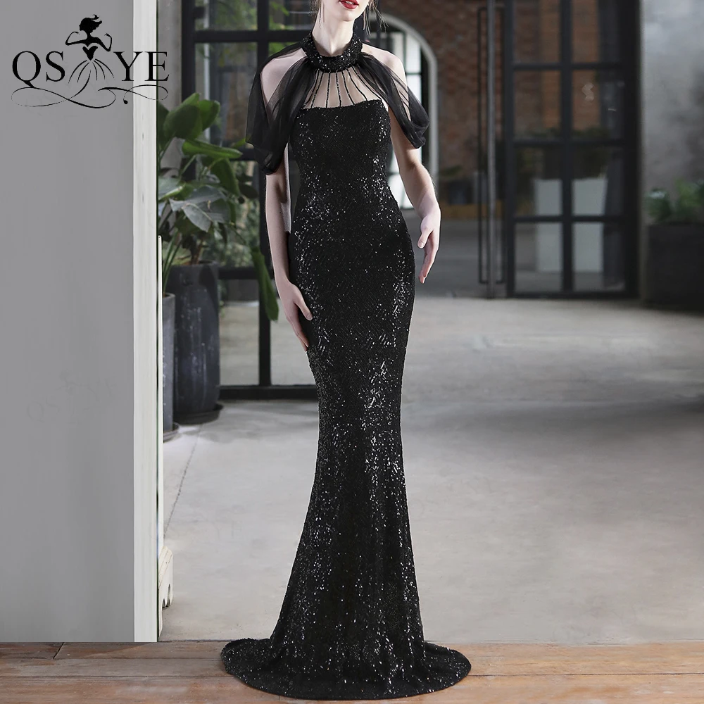 

Halter Black Evening Dresses Mermaid Prom Gown Tulle Sleeves Sequin Party Dress Long Black Formal Gown Beadings Women Dress