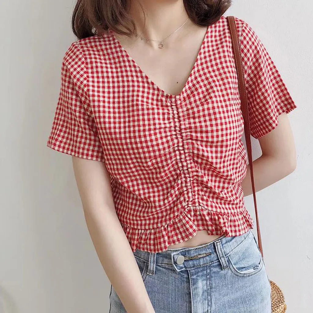 Модный сексуальный клетчатый топ на бретелях с оборками и v образным вырезом