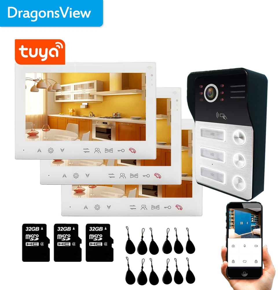 Dragonsview Tuya Smart Video Door Phone Intercom Wireless Wifi Home Intercom for 3 Apartment for 3 Families with 3 Monitors