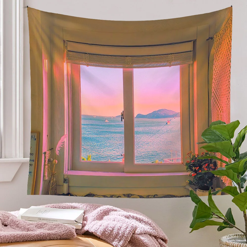 

Window Scenery Tapestry Mountain Sea Aesthetic Room Decor Home Bedroom Apartment Wall Hanging Decorating
