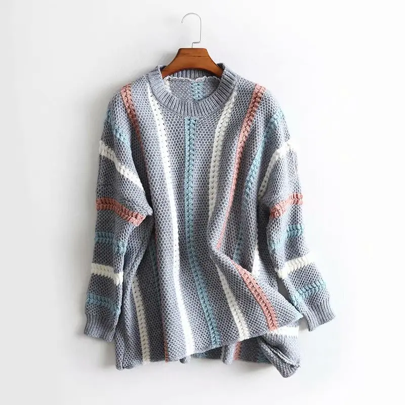 TMODA Za Winter Women 2021 Lantern Sleeve Striped Pull Sweater Jumpers Soft Knit Oversize Korean Thick Warm Sweaters | Женская одежда