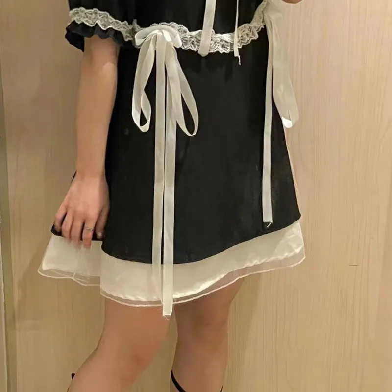 

Lace Bubble Sleeve Black Lolita Vintage Dress Janpanes Style Women Dresses Midi School Uniform Skirt Kawaii Clothes Gothic Girl