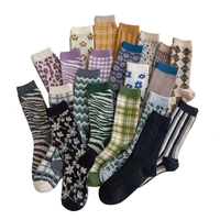 1 pair women socks spring autumn retro style men couple cotton socks flower stripe plaid pattern solid colorful socks