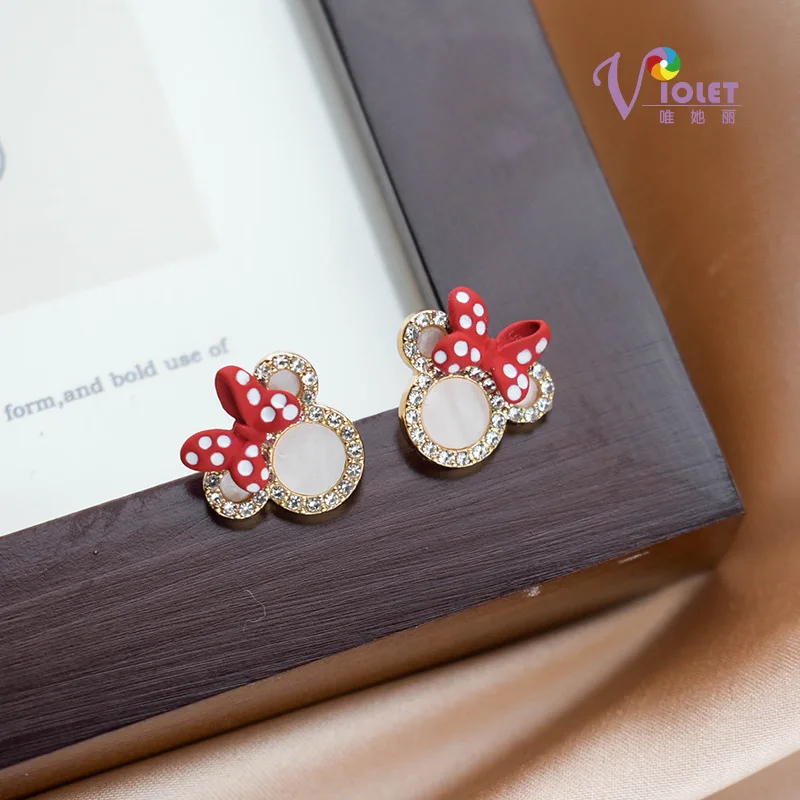 disney mickey mouse earrings s925 silver needle bow mickey minnie earrings red ladies girls earrings out jewelry gift free global shipping