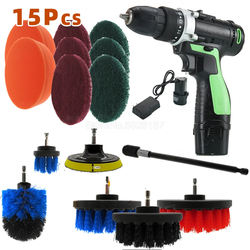

15PCS/SET Drill Brush Power Scrubber Bathroom Surfaces Tub Shower Tile And Grout All Purpose Cleaning Kit Scrub Pads - Cleaner