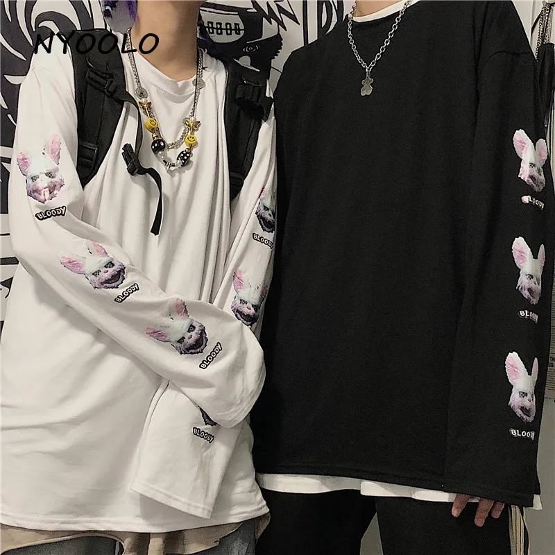 NYOOLO Harajuku уличная свободная футболка с принтом кровавых кроликов, осенняя футболка с длинным рукавом и круглым вырезом, пуловеры, футболка для женщин и мужчин