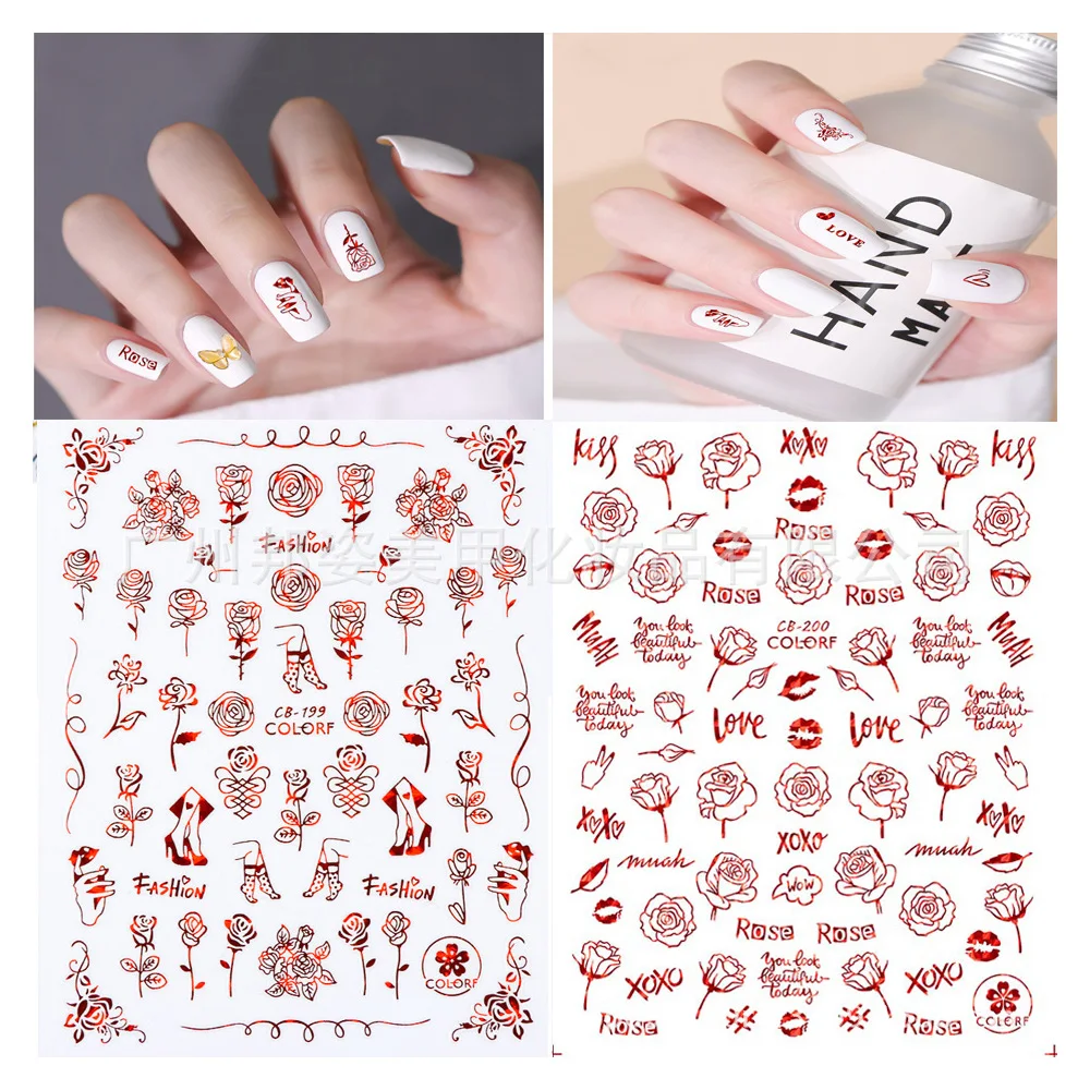 

Nail Sticker Valentine's Mother's Day Series Rose Flower Love Design Laser Red Gold Nail Art Decal Manicure Salon Decoration