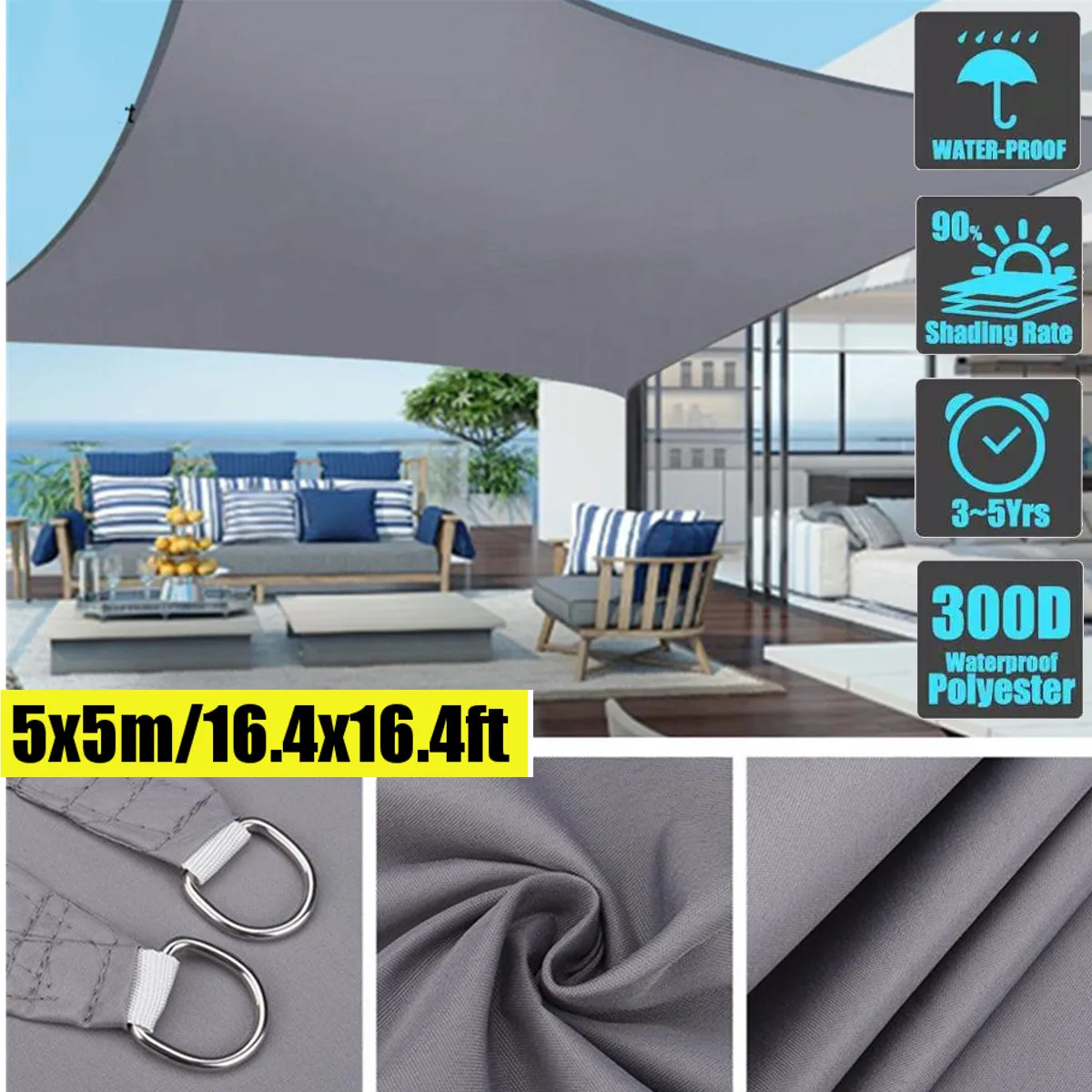 

Водонепроницаемый тент, солнцезащитный козырек 5 Х5 м, 300 г/м2, для сада, пляжа, кемпинга, внутреннего дворика, бассейна, навес от солнца