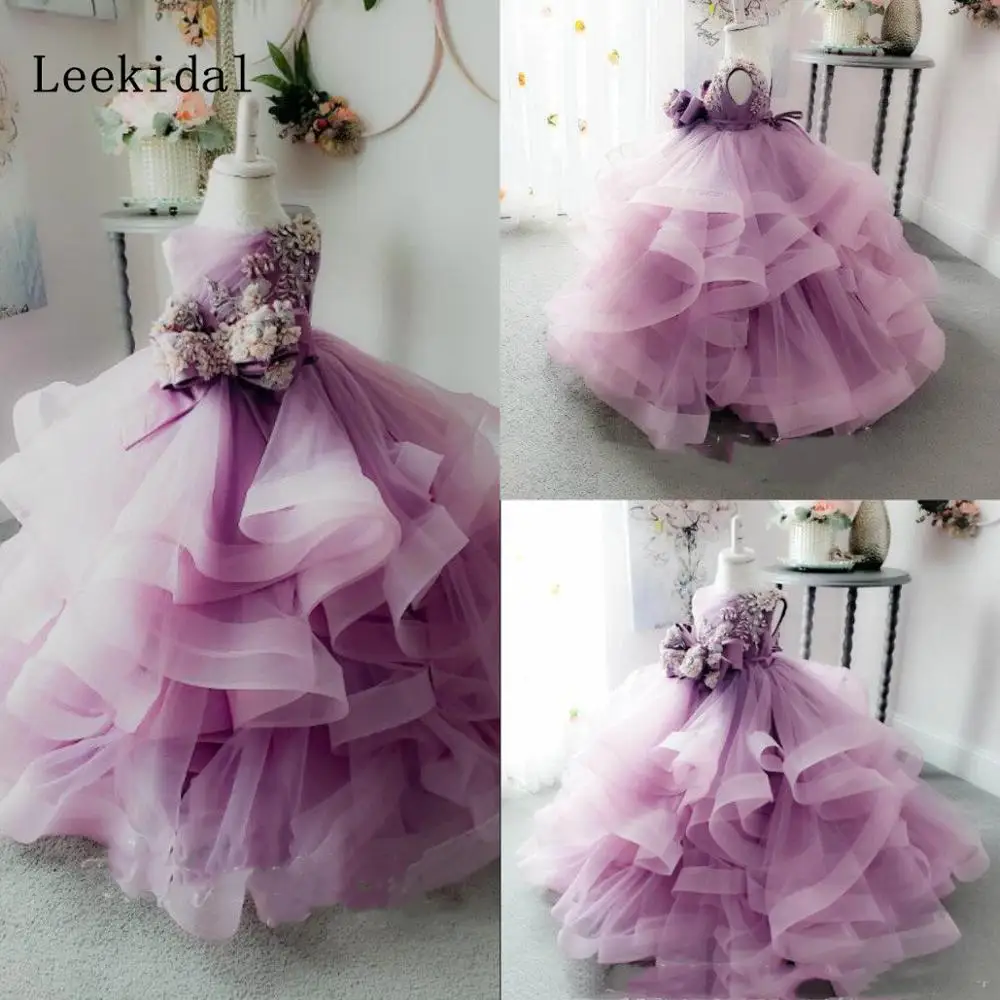 

Lace Purple Flower Girl Dresses Tiered Skirts Tulle Appliqued Ball Gown Little Girls Pageant Dress Beading First Communion Gowns