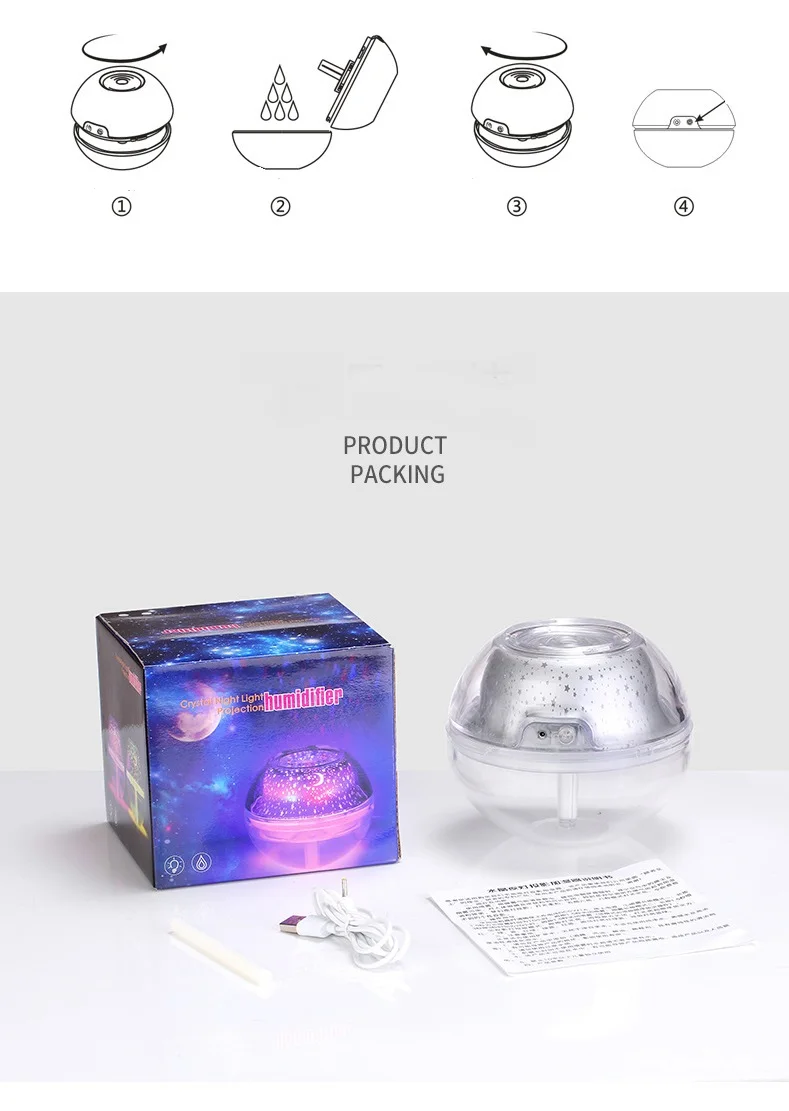 USB creative home colorful projection air purification humidifier night light crystal large capacity | Дом и сад