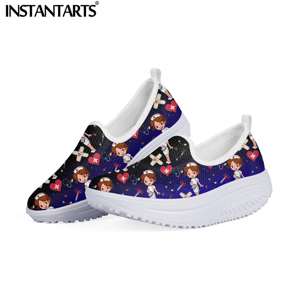 

INSTANTARTS Cute Gradient Nurse Lady Cartoon Pattern Girls Flatform Shoes Comfort Slip-on Loafes Height Increasing Mesh Sneakers