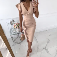 2021 sexy women party wear v neck ruffle hem ruched dress casual short sleeve solid color chic bodycon dresses pre fall wear