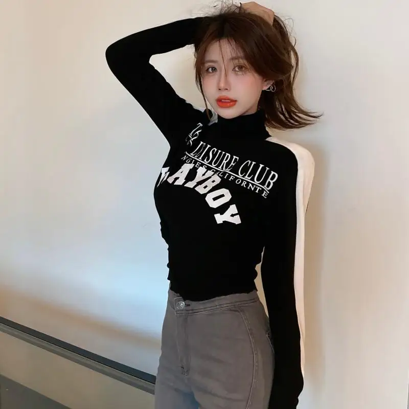 

Sexy Fashion Soft Cotton Women Tshirt 2021 New Fungus High Neck Women's Tees Tops Long Sleeve Splice Letters Printed T Shirts