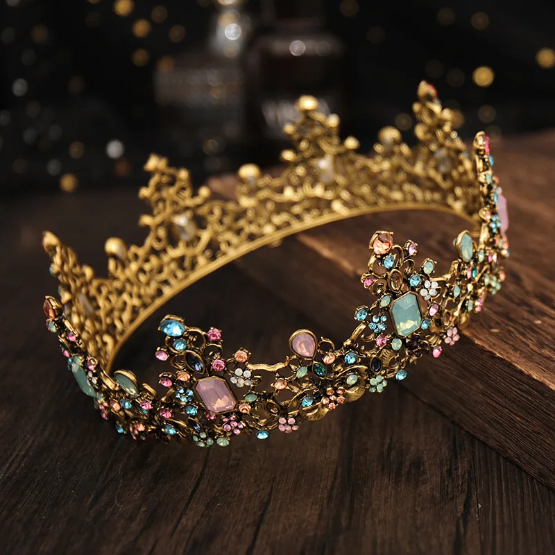 

Rhinestone Crown Wedding Hair Accessorie For Bridal Tiaras Retro Headwear Baroque Gold Mixed Color Queen Birthday Crown Jewelry