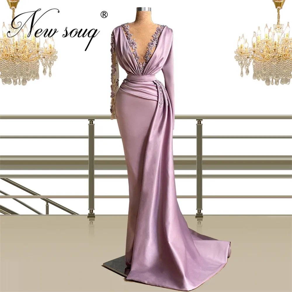 

Purple V Neck Party Dress Luxury Formal Evening Gowns Pleats Long Prom Dresses 2021 Abendkleider Robe De Soiree Celebrity Dress