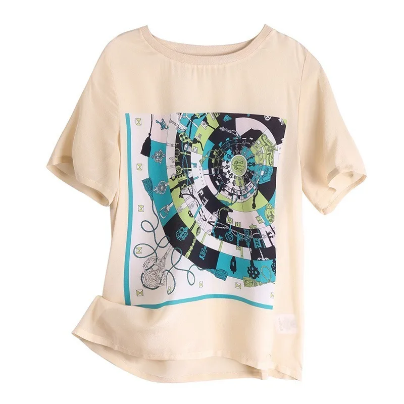 

Silk T-shirt Short-Sleeved Mulberry Silk Top Pattern round Neck All-match Small Shirt Female 2020 Fashion New Style