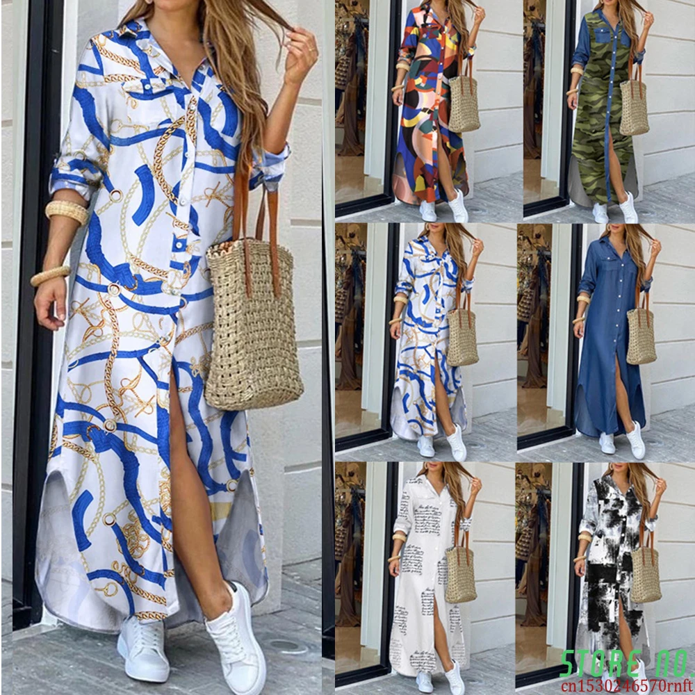 

Maxi Beach Dress Elegant Women Button Long Shirt Dress Summer Split Y2k Lapel Neck Party Dress Long Sleeve Checked Plaid Robe