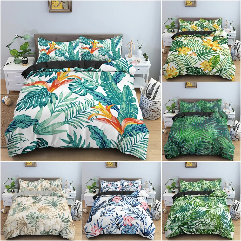 

2/3Pcs Tropical Plant Duvet Cover Set Floral Leaves Bedding Set Quilt Cover for Bedroom Decor King Queen Full Bedclothes