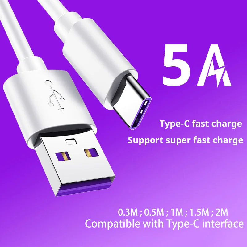 5A 1m 1.5m 2m USB C Cable Supercharge USB Type C Cable for Huawei p20 P30 Mate Quick Charging Fast Charger Cable for Honor V10
