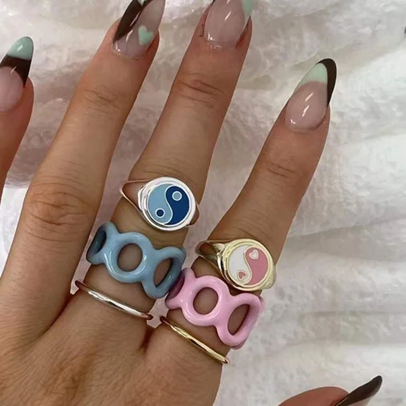 

HMES Vintage Fashion Resin Ring Set Women'S Heart Gold Stainless Steel Ring Acrylic Lovely Pink Ring Gift