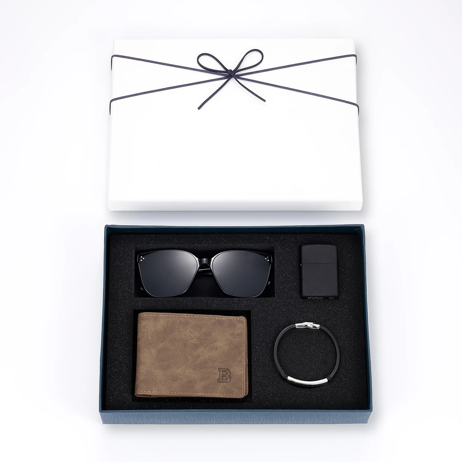 Customized Men’s Gift Box PU Leather Wallet Sunglasses Lighter Men’s Bracelet Four-piece Gift Box The Best Gift for Boyfriend