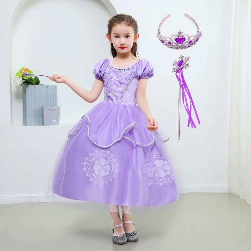 

Children Cosplay Costume Purple Floral Printed Princess Birthday Party Summer Dress Gown Vestidos Baby Girls Clothes 2 10 Years