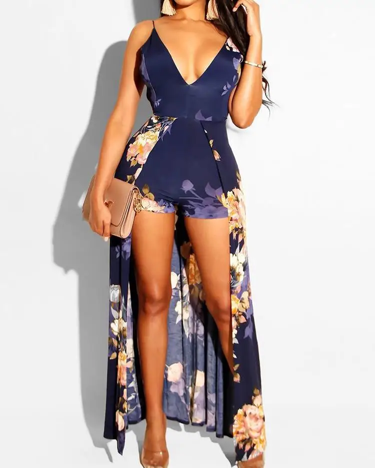 

Printed Jumpsuit shorts women's fashion printed deep V-neck 2021 summer casual Jumpsuit women's wear