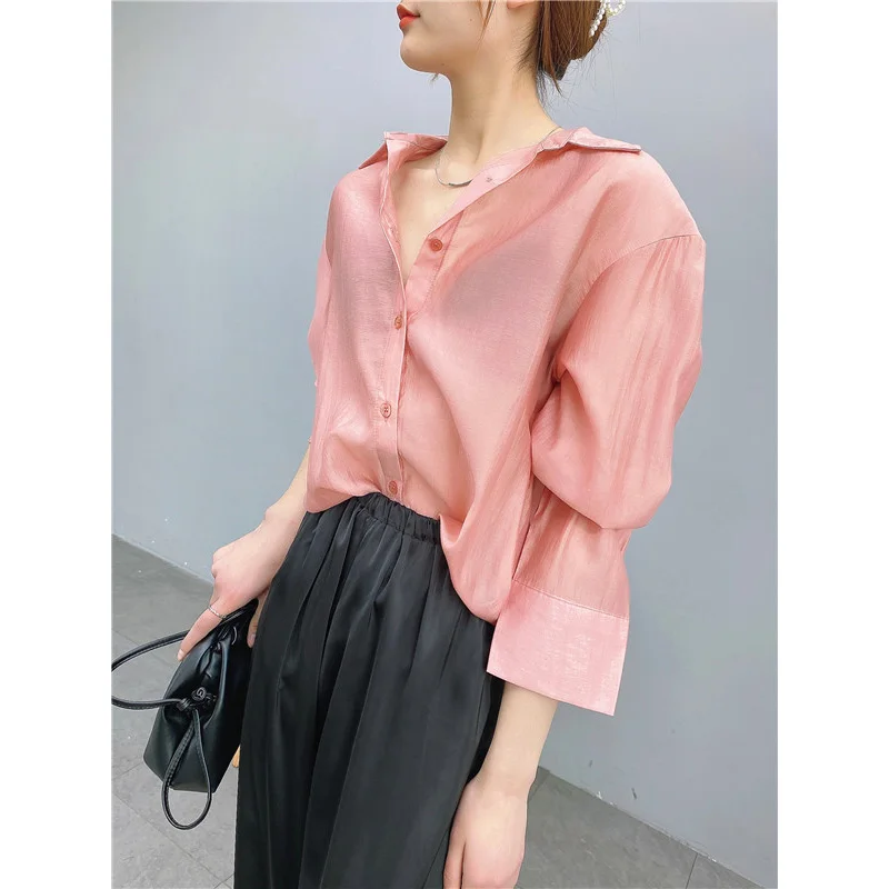 

2021 Summer Ladies Tencel Sun Protection Shirt Women New Loose Idle Slightly Transparent Pink Tops Fashion French Solid Blouses