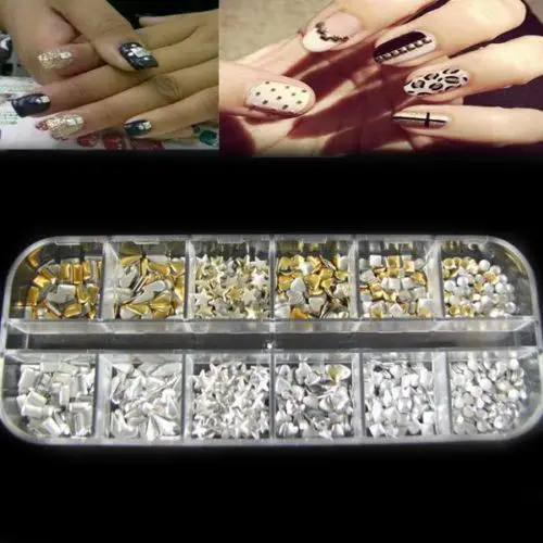 

HOT!!!! 300pcs Punk 3D Acrylic Nail Art Alloy Rivet Studs Spikes DIY Decoration Spots with 12 slot jewelry case for nail storage