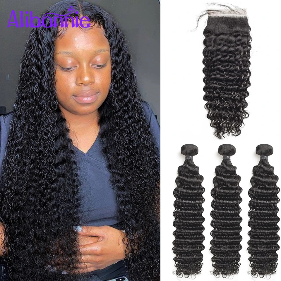 

Alibonnie Malaysian Water Wave Bundles with Closure 4X4 Lace Cloure Human Hair Bundles with Closure 3 Pcs High Density