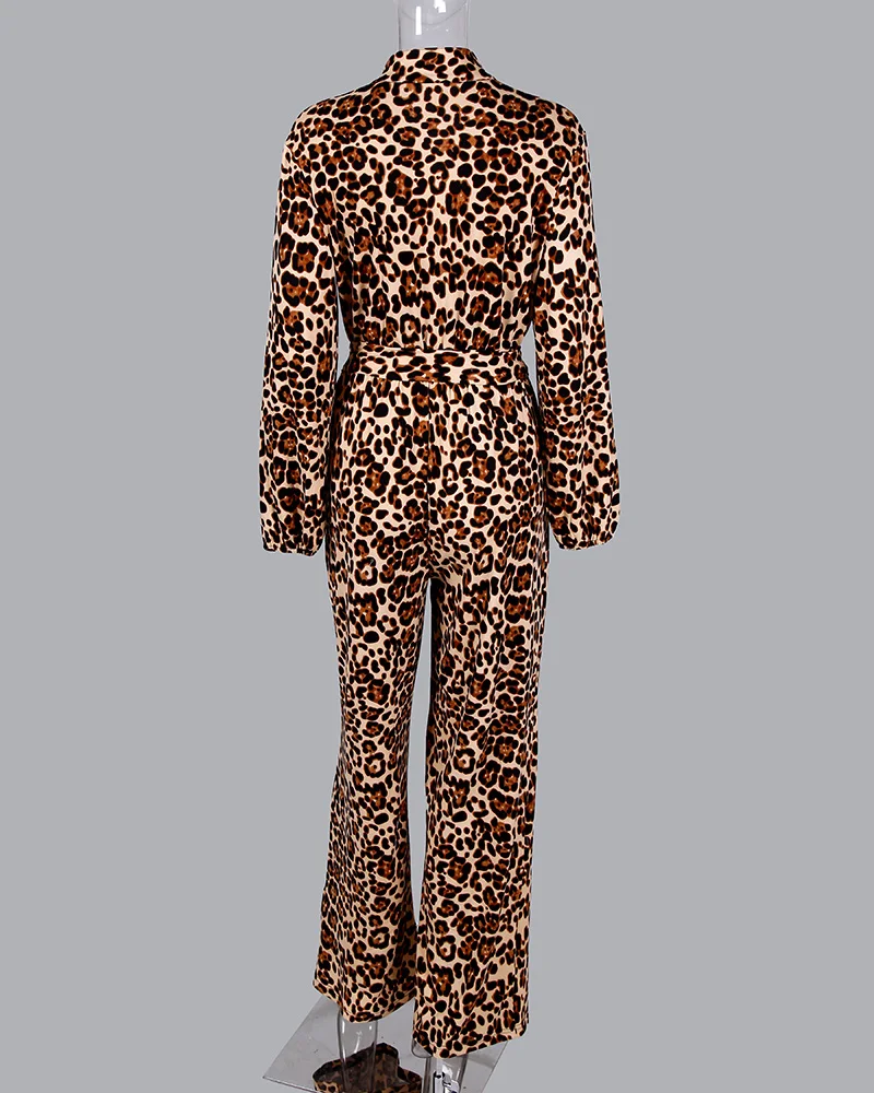 2020 Women Elegant Fashion Leisure Jumpsuit Female Stylish Deep V Neck Romper Leopard Tied Waist Long Sleeve Jumpsuit