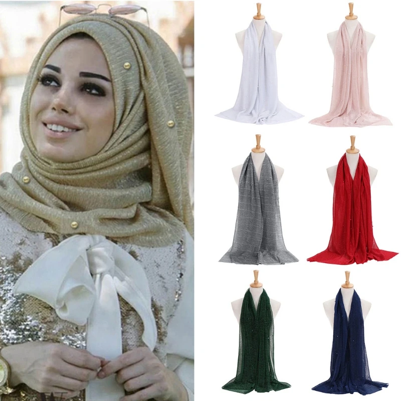 Женский Блестящий хиджаб из искусственного жемчуга шаль бисера мусульманский