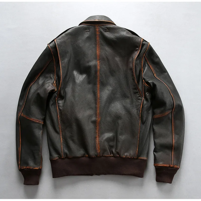 

Brown 2020 Vintage Men USAF A2 Pilot Leather Jacket Map Lining Genuine Sheepskin Autumn Military Aviator Slim Fit Leather Coat