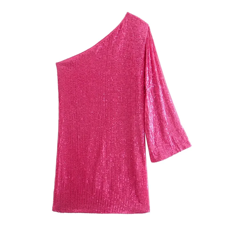 

Merodi Stylish Lady Shinny Sequined Autumn Red Mini Dresses Womens Fashion Diagonal Collar Single Long Sleeve Straight Dress