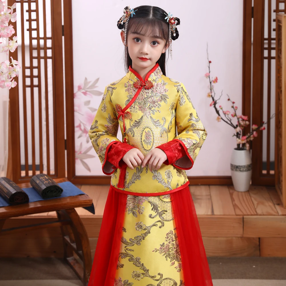 

Золотой костюм Тан в китайском стиле 2021, новогодний костюм, народное платье, платье ханьфу, утолщенное теплое платье для выступлений на сцен...