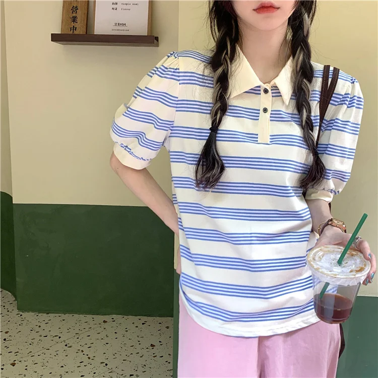 

Striped Bubble Sleeve Summer Polo's Shirt Button Slim Simple Short Sleeve T-shirt
