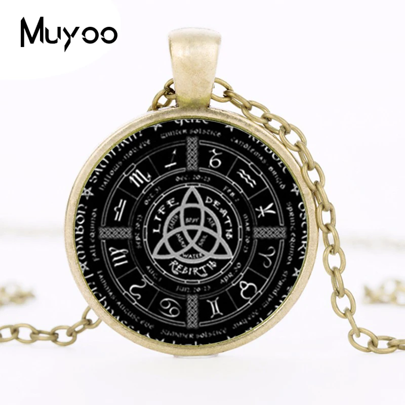 Новое языческое колесо года ожерелье с пентаграммой кулон Круглый Фото Wiccan ювелирные изделия стекло кабошон ожерелье звено цепи HZ1