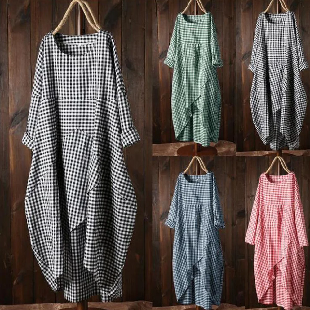 

Linen Plaid Dress Women Retro Baggy Kaftan Long Sleeve Boho Dress Loose Summer Maxi Dress Cotton Sundress