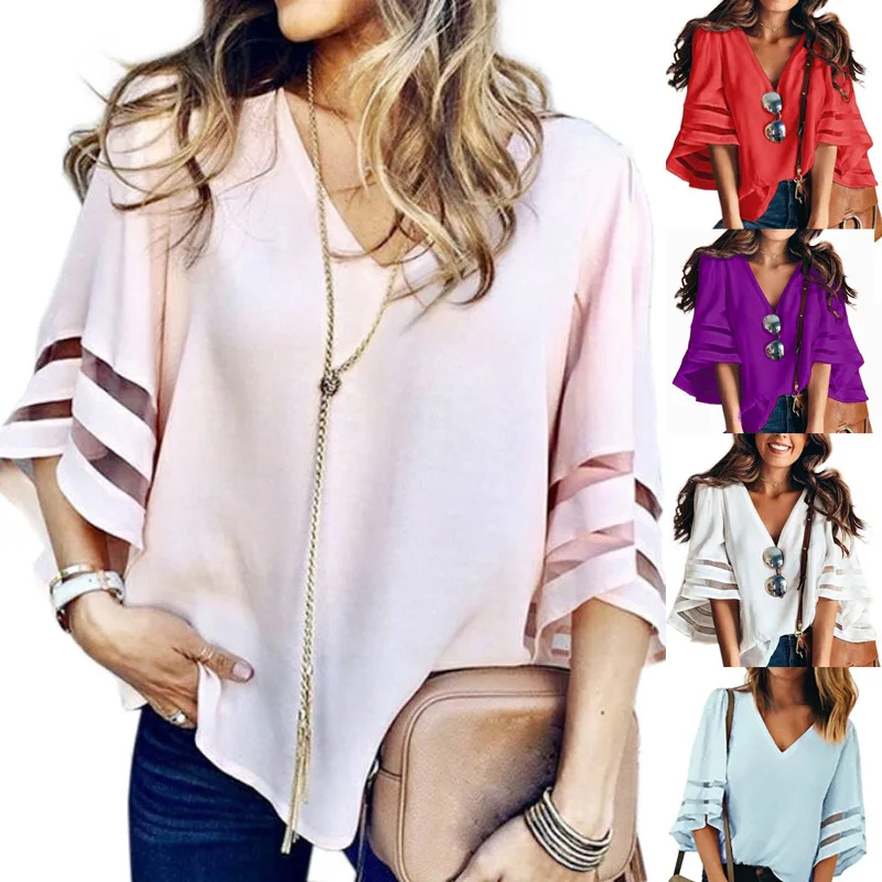 

Womens Clothing 2021 Blouse Summer Vintage V-neck Print Trumpet Sleeve Tops Loose Casual Pullover Shirt Chemise Femme Blouses